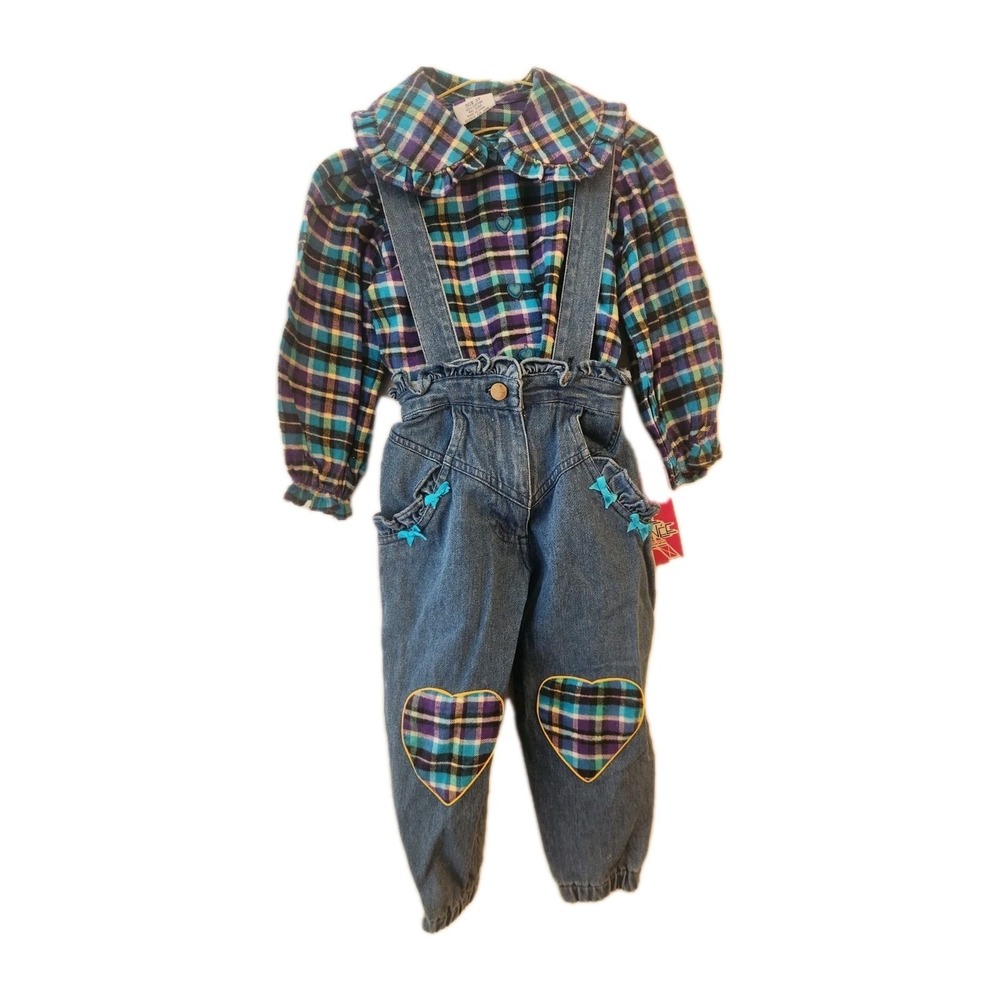 Vtg NOS Pierre Bonne Plaid Shirt Ruffle Collar Denim Pants Overalls 2 pc Set 3T